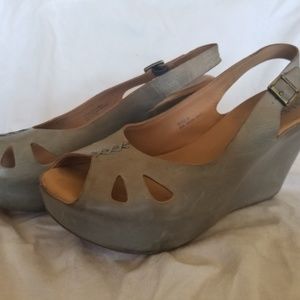 Kork-ease light denim colored wedge heel